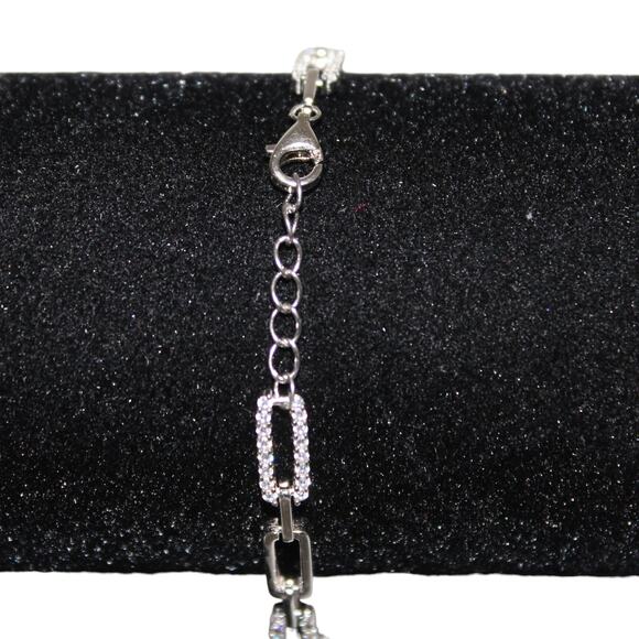 925 Sterling Silver Bracelet Rectangle Link w/ Rhinestones - Picture 5 of 6